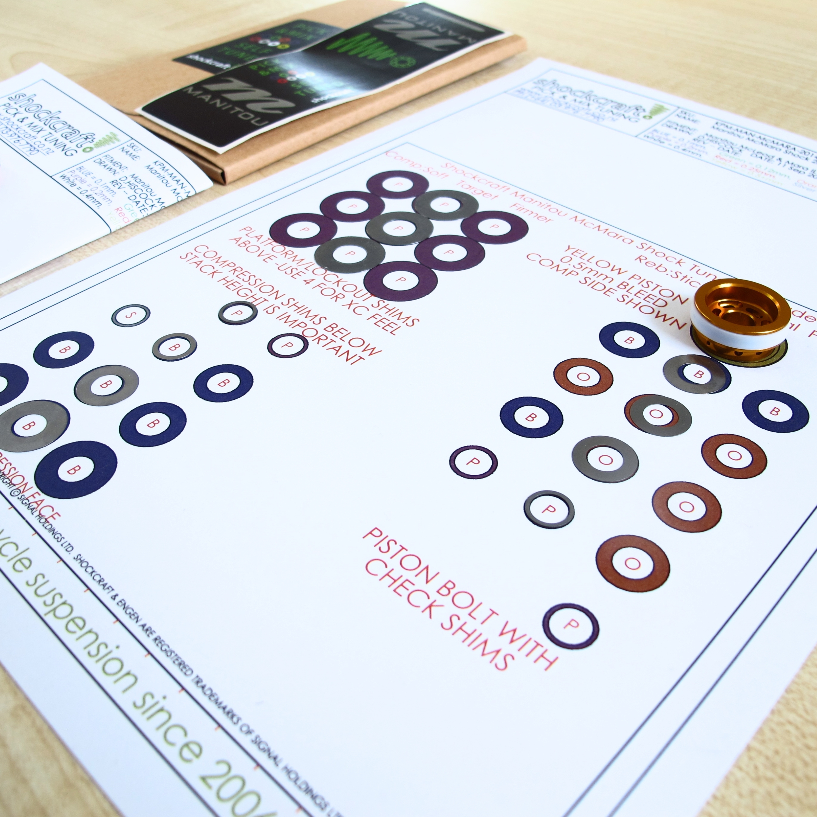 Pick & Mix Self Tune Kits include colour-coded scale drawings to lay out shim stacks for the target tune plus softer/firmer & stickier/poppier tunes either side.